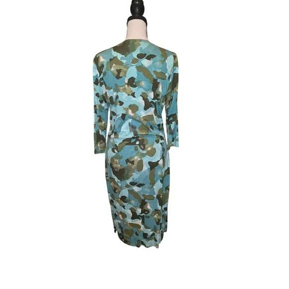 Blue Green Abstract Camo Faux Wrap Midi Dress Long Sleeve Ruched V-Neck Slim Fit - Picture 2 of 5